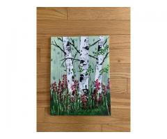 Birch Trees - Green Forest, Red Flowers
